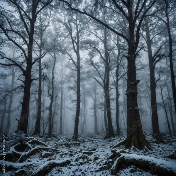 Obraz "A mysterious forest shrouded in fog, with ancient snow-covered trees standing like silent sentinels."