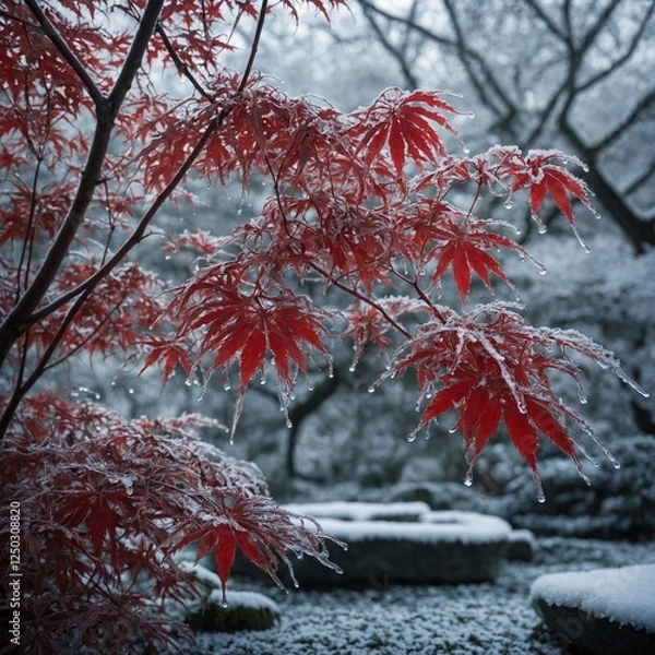 Obraz "A snow-covered Japanese maple tree, its delicate red leaves still visible beneath the icy frost."