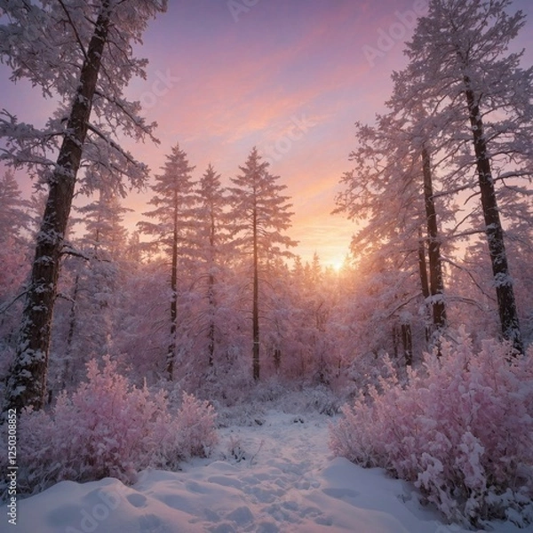 Obraz "A peaceful winter sunrise over a snowy forest, the sky painted in soft hues of pink, orange, and lavender."