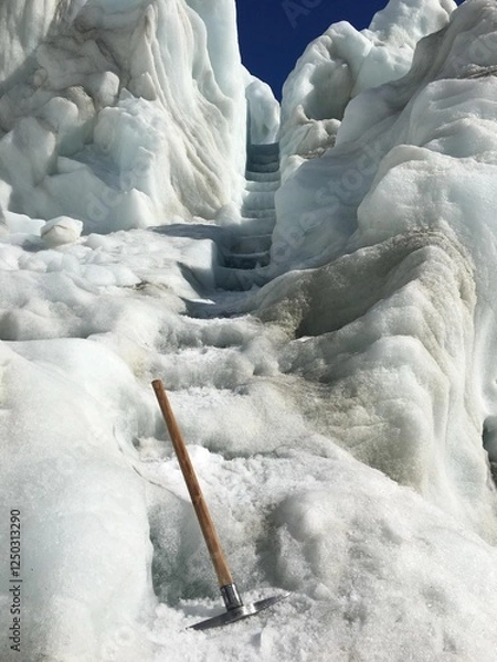 Fototapeta Ice axe on glacial ice stairs
