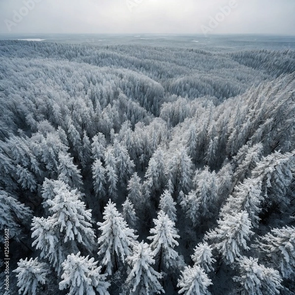 Obraz "A breathtaking aerial view of a snow-covered forest, the treetops forming a white sea stretching to the horizon."