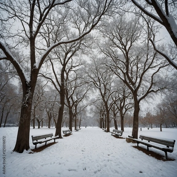 Obraz "A peaceful snowfall in a park with bare trees standing tall, their branches outlined with fresh snow."