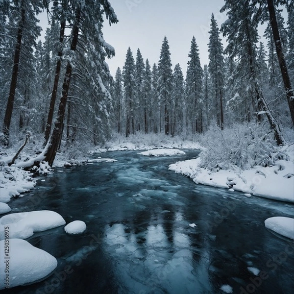Obraz "A frozen river winding through a dense snow-covered forest, its icy surface reflecting the towering trees above."