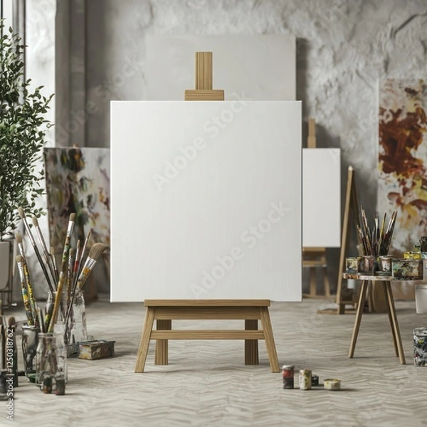 Obraz 3D rendering of a blank canvas frame in a modern art studio, designed to showcase artwork in an elegant and minimalist setting