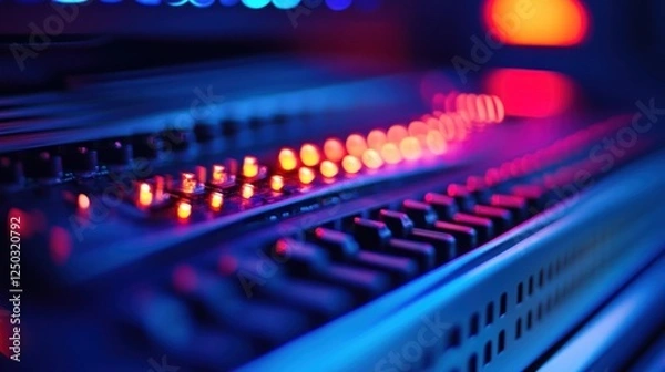 Fototapeta RGB illuminated keyboard and desktop gaming PC, AI generated images