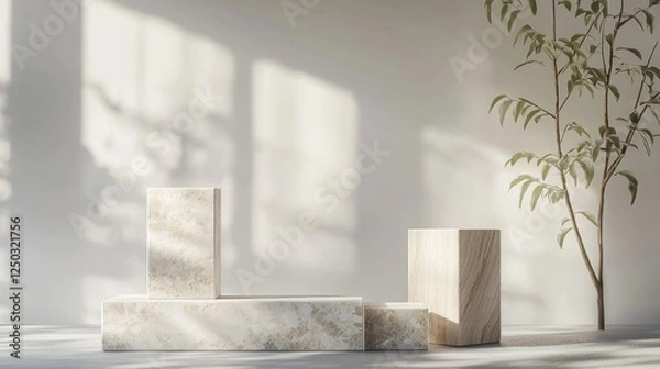 Fototapeta Minimalist arrangement of textured blocks in a sunlit room with a plant in the background