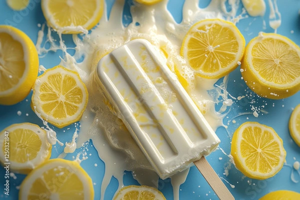 Fototapeta Yellow popsicles with lemon slices, sitting on a surface with a splash of milk.