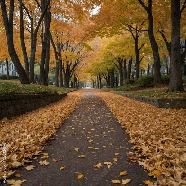 Obraz "A peaceful maple tree-lined path covered in a thick carpet of fallen leaves, with a soft autumn breeze rustling the branches."