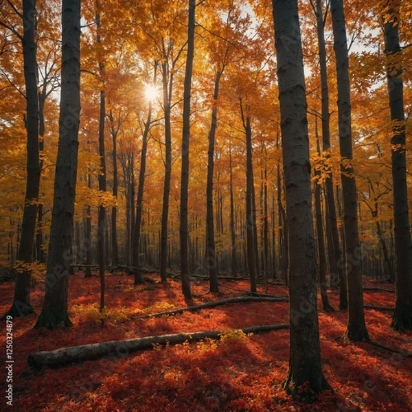 Obraz "A breathtaking autumn forest with vibrant red, orange, and golden leaves, bathed in the warm glow of the late afternoon sun."