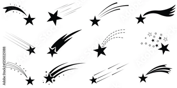 Fototapeta Shooting stars icons, flying star with comet tail, set of falling star with trails, vector.  silhouette shooting star icon