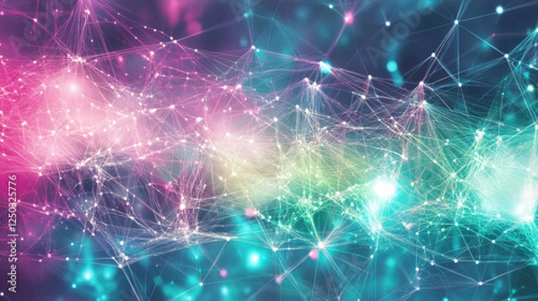 Fototapeta Abstract digital background with glowing connections and polygonal mesh lines in teal, purple, and pink colors