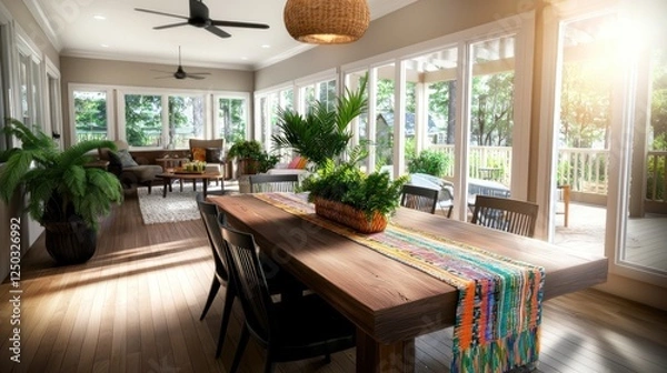 Fototapeta Bright and inviting indoor dining area with wooden table, plants, and natural light streaming in
