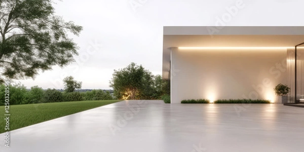 Fototapeta Modern architectural design of a serene outdoor patio area in a lush landscape