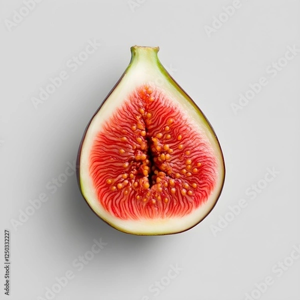 Fototapeta Close-Up View of Freshly Cut Fig Displaying Vibrant Pink Flesh and Unique Seed Structure on Minimalistic Gray Background