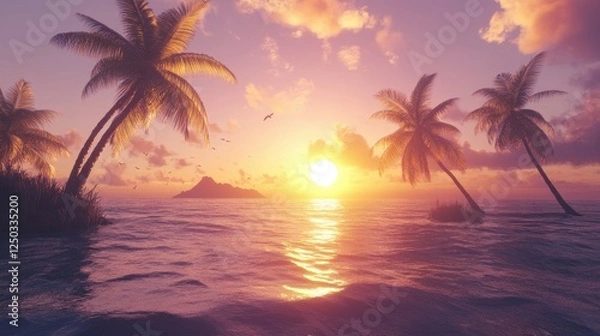 Fototapeta Vibrant tropical island: palm trees, a glowing sun, and gentle waves, perfect for summer, relaxation, and vacation visuals.