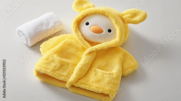 Obraz A soft, plush yellow baby bathrobe folded beside a tiny towel.