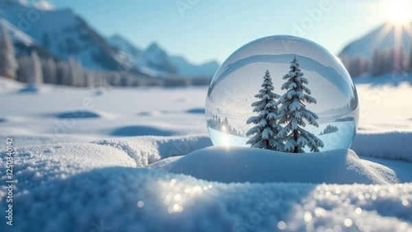 Fototapeta Melting glass sphere on snowy ground reflecting winter trees and mountains	