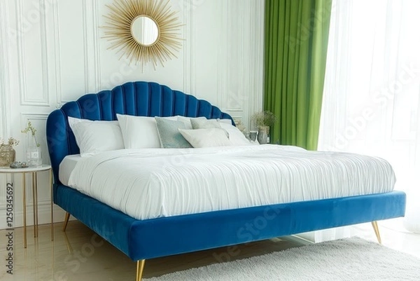 Fototapeta Modern and elegant blue velvet bed with white sheets, gold legs, green curtains, small side tables, and sunburst mirror above the headboard, with natural light and white carpet in the bedroom.