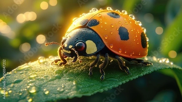 Fototapeta Close-up of a vibrant ladybug with droplets on a green leaf, set against a blurred natural background