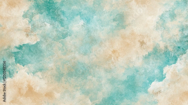 Fototapeta Aesthetic retro sky backdrop, fluffy cumulus clouds illuminated by golden light, weathered paper texture with gentle crinkles
