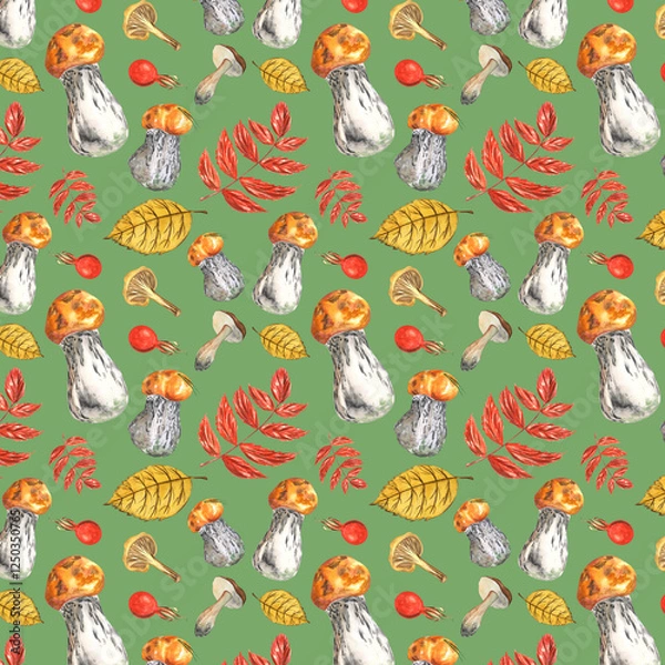 Fototapeta Watercolor pattern with mushrooms and berries on a green background. Handmade. Can be used on fabric, textile, wallpaper, wrapping paper