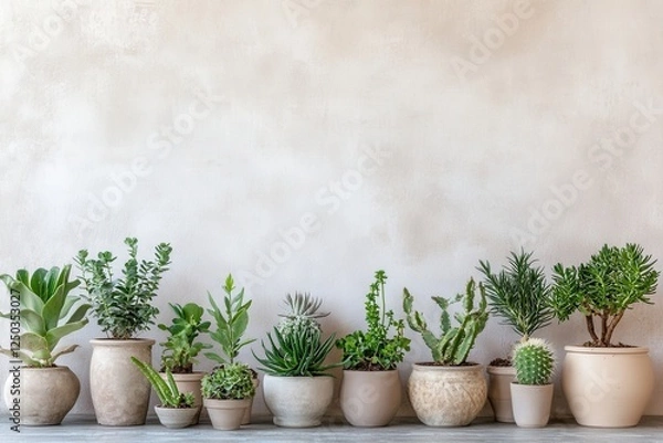 Fototapeta A tranquil display of various potted succulents and cacti arranged on a wooden surface against a soft, neutral background, ideal for home decor inspiration