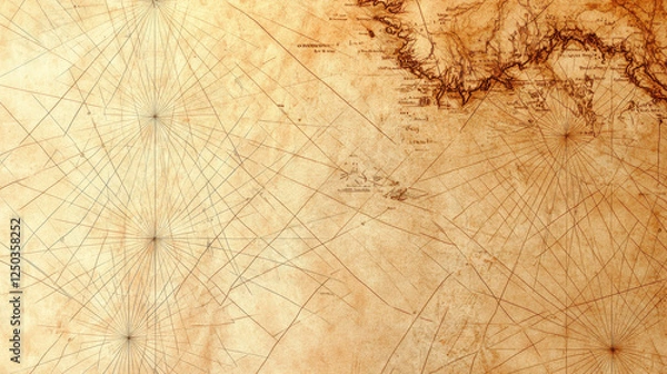 Fototapeta A finely detailed vintage navigation chart, aged to perfection with gentle creases, coffee-stained edges