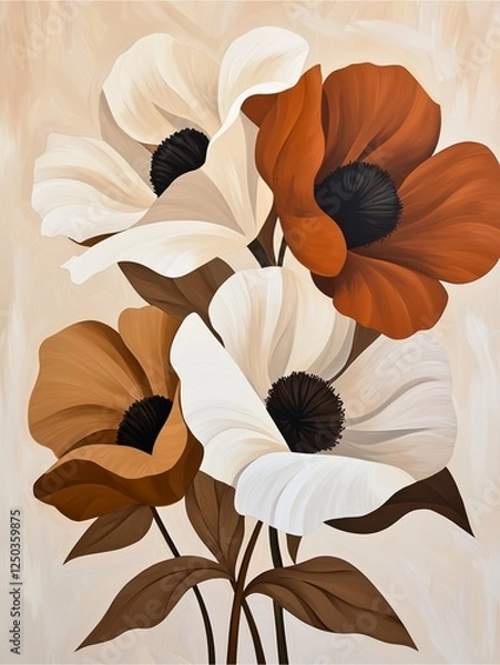Fototapeta A stylized painting of flowers featuring a mix of white, brown, and orange petals, set against a soft beige background.