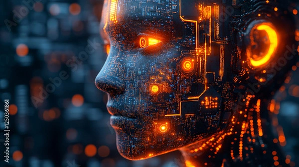 Fototapeta Digital Humanoid AI Face Circuitry Glowing Orange Technology 3D Data Robot Modern Design Future     