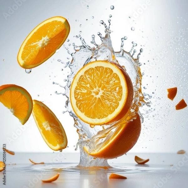 Fototapeta "Fresh orange slices splashing into juice, dynamic water splash effect, isolated on a white background, high-speed photography, vibrant citrus colors, refreshing and energetic composition."