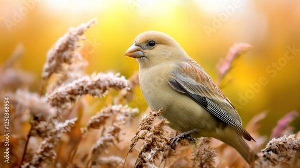 Fototapeta A close-up of a yellow bird perched on golden grass during a vibrant autumn sunset