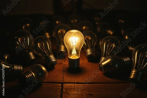 Obraz One Illuminated Light Bulb Among Many Dark Bulbs on Wooden Surface