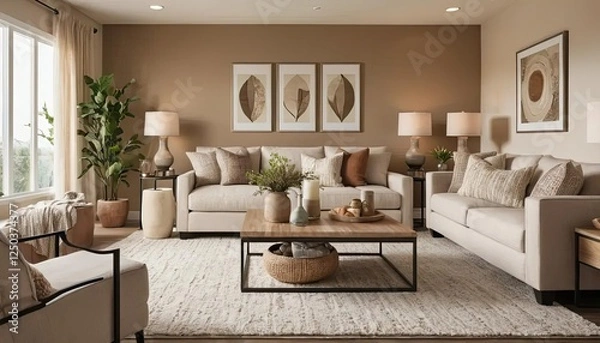 Fototapeta Feel at home in a model house exuding comfort—soft textures, earthy tones, and a warm ambiance that wraps you like a hug.
