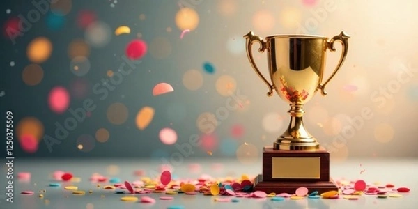 Fototapeta A Golden Trophy Celebrates Achievement Amidst a Festive Shower of Colorful Confetti