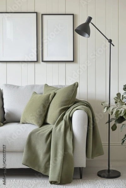 Fototapeta Cozy living room scene featuring modern gray sofa adorned with green pillows and blanket, stylish floor lamp, and empty wall art poster mockups for decor inspiration.