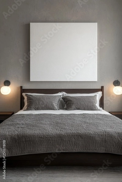 Fototapeta Elegant bedroom interior featuring a blank wall art canvas, cozy bedding, modern bedside lamps, and minimalist decor. Perfect for poster mockups and home styling.
