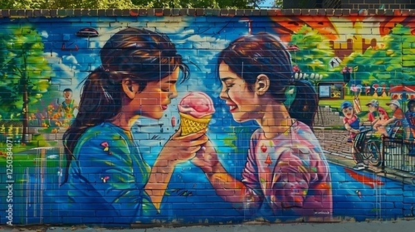 Fototapeta A detailed mural of two friends sharing an ice cream, painted on a brick wall, with a lively park mockup on the side.