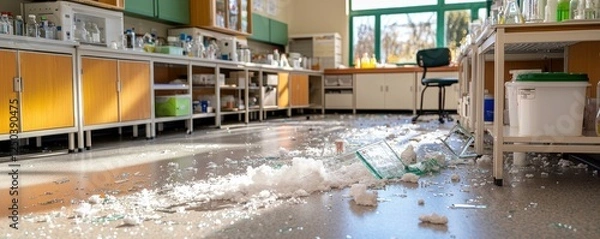Fototapeta Messy laboratory with broken glass and spills.
