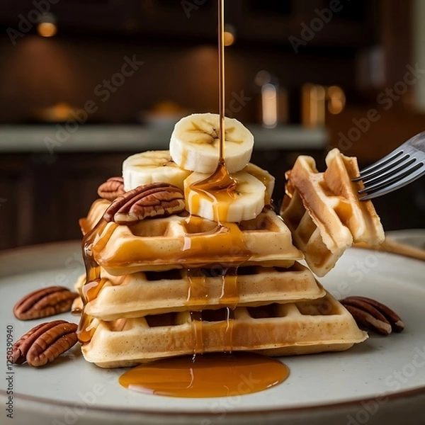 Fototapeta A rich, decadent waffle creation topped with caramelized banana slices and toasted pecans. A slow drizzle of warm salted caramel cascades down