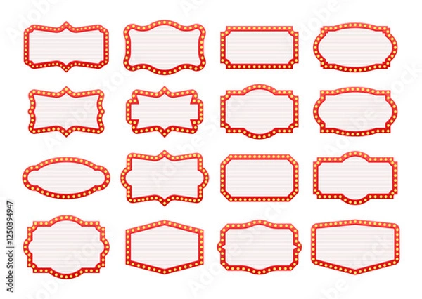 Fototapeta Set of retro frames with glowing light bulbs creating a festive atmosphere for announcements and celebrations