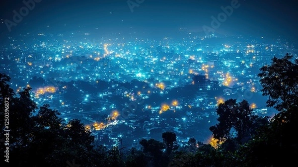 Fototapeta Night view of a city illuminated by lights, showcasing urban beauty.