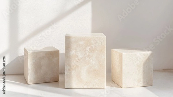 Fototapeta A serene display of three textured, neutral-colored blocks arranged on a minimalist surface, with soft shadows and natural light enhancing their shapes.