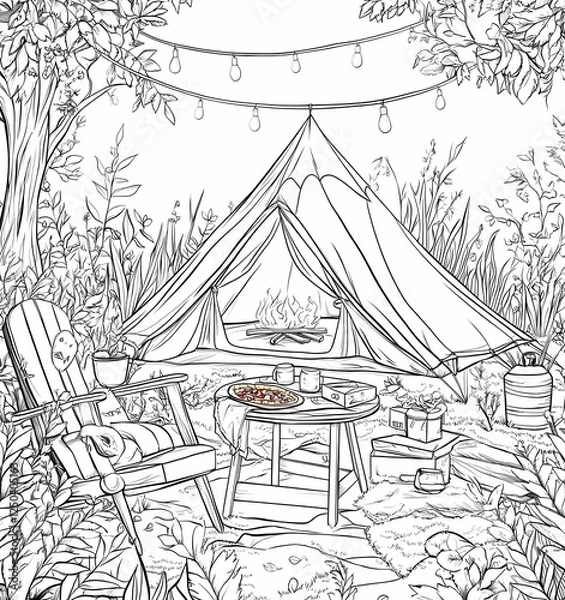 Obraz A coloring book page of a camping scene with tents, campfires, and natural elements. A tent is set up in the woods, surrounded by plants. In front, there is an open wooden table covered with blankets 