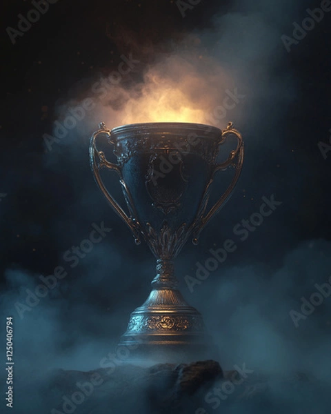 Obraz winning cup trophy with light and dust on a dark background, concept of success in business competition or sport championship