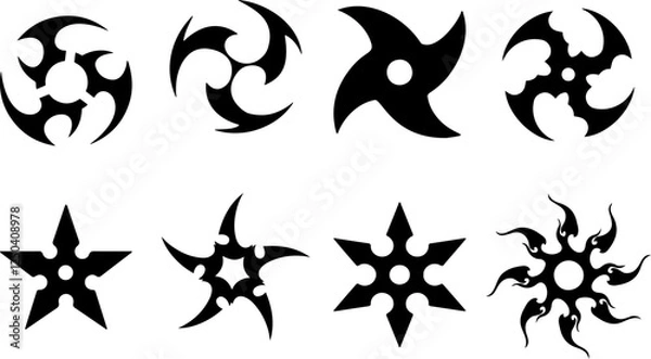 Obraz Shuriken or Ninja throwing star icon set Black Symbols on Transparent Background.