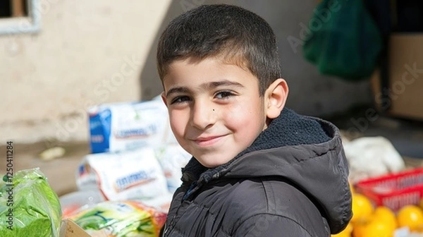 Obraz Young boy smiling while holding vegetables at a market with fresh produce in the background