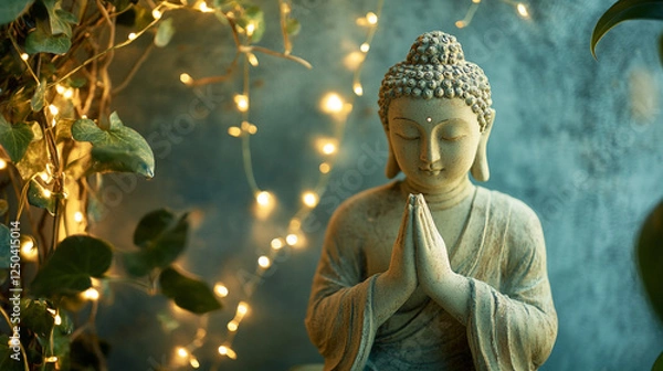 Obraz Serene Buddha Statue With String Lights and Green Foliage in Peaceful Setting. A tranquil depiction of a Buddha statue adorned with golden string lights amidst leafy greenery.