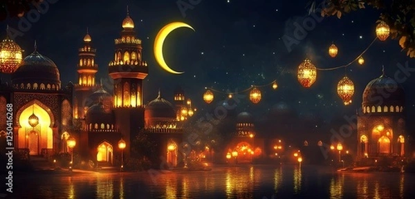 Fototapeta Ramadan Kareem Celebration peaceful Ramadan night with glowing lanterns, crescent moon, and Islamic architecture illuminated