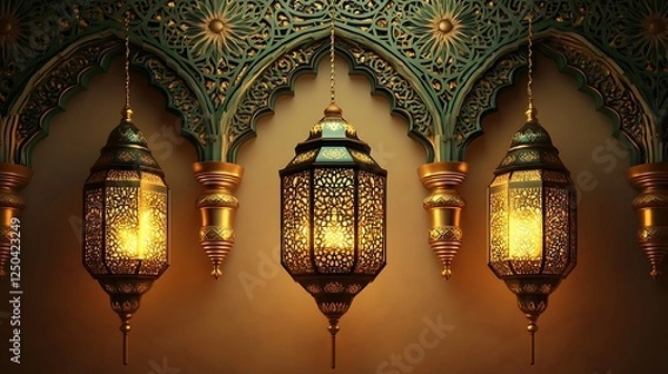 Obraz Islamic Geometric Patterns with Ornate Golden Lanterns and Intricate Mandala Designs