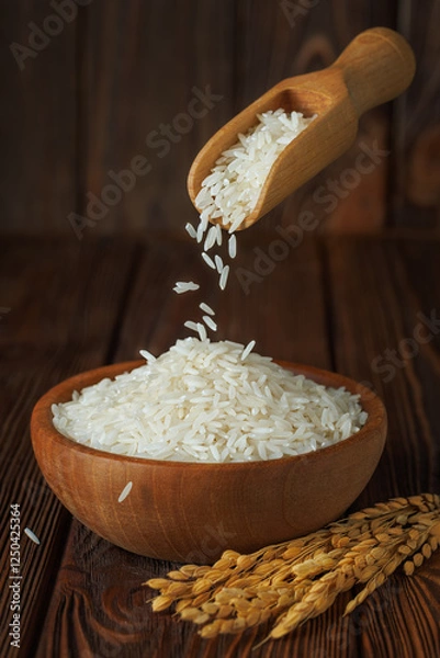 Fototapeta rice falling from scoop in bowl with ears near on wooden background
